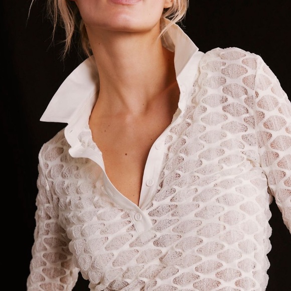 FREE PEOPLE GIRL NEXT DOOR POLO TOP WHITE MEDIUM - Picture 4 of 5